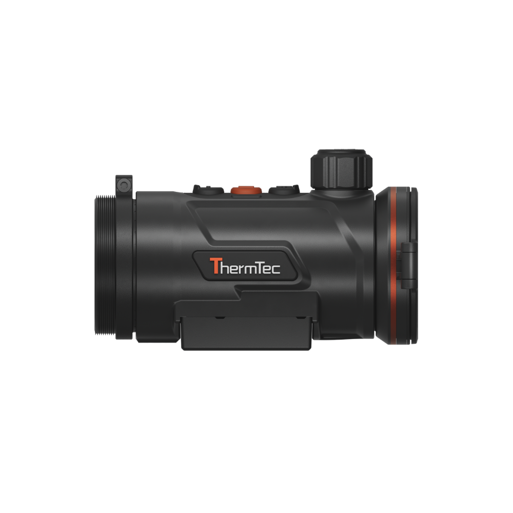 A black thermal scope with orange accents, featuring a textured adjustment knob, and a mounted base.