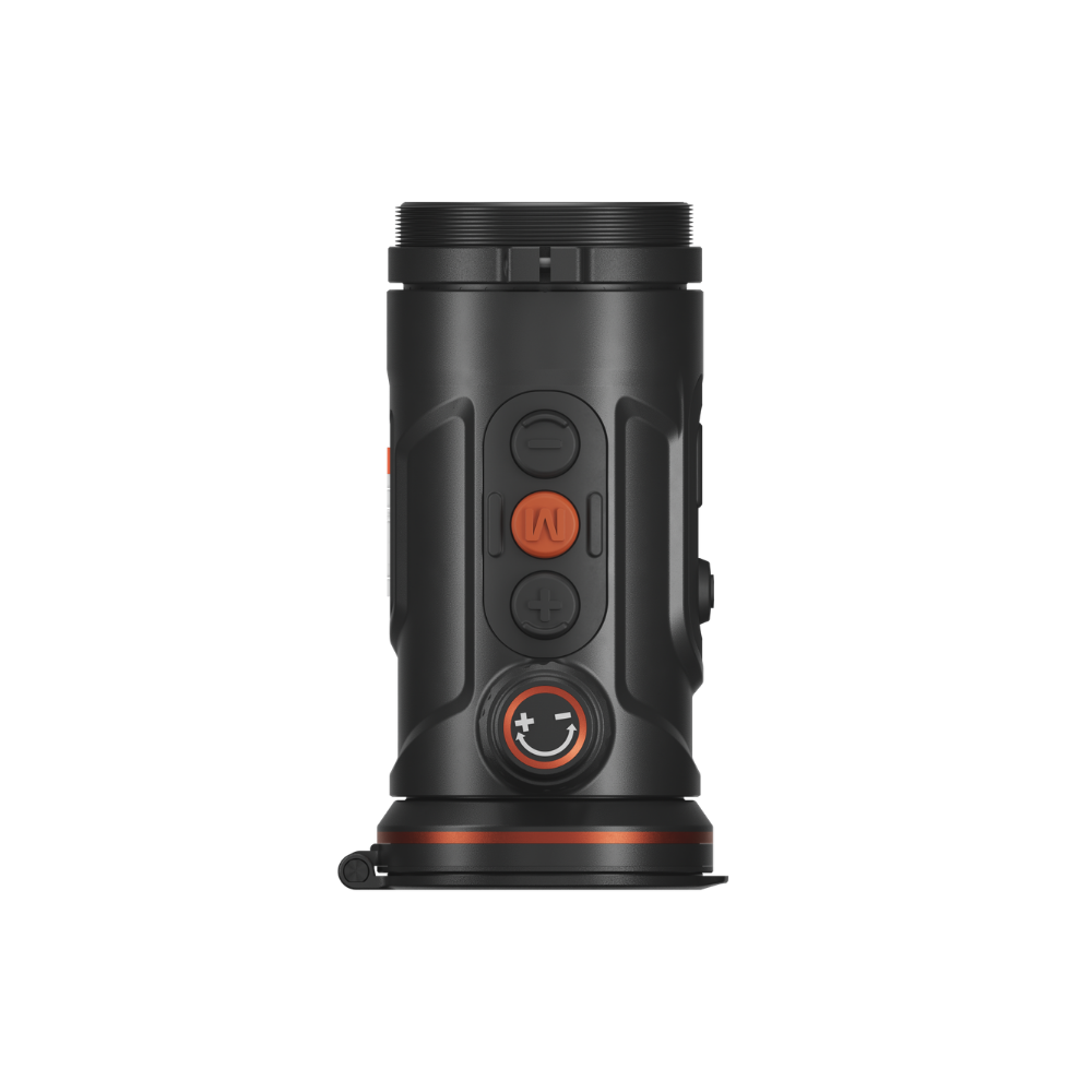 A black thermal scope with orange accents, featuring a textured adjustment knob, and a mounted base.