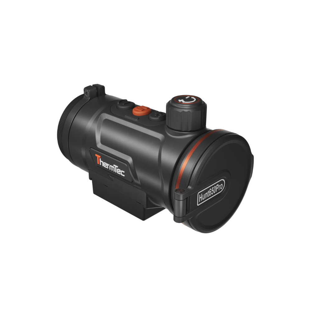 A black thermal scope with orange accents, featuring a textured adjustment knob, and a mounted base.