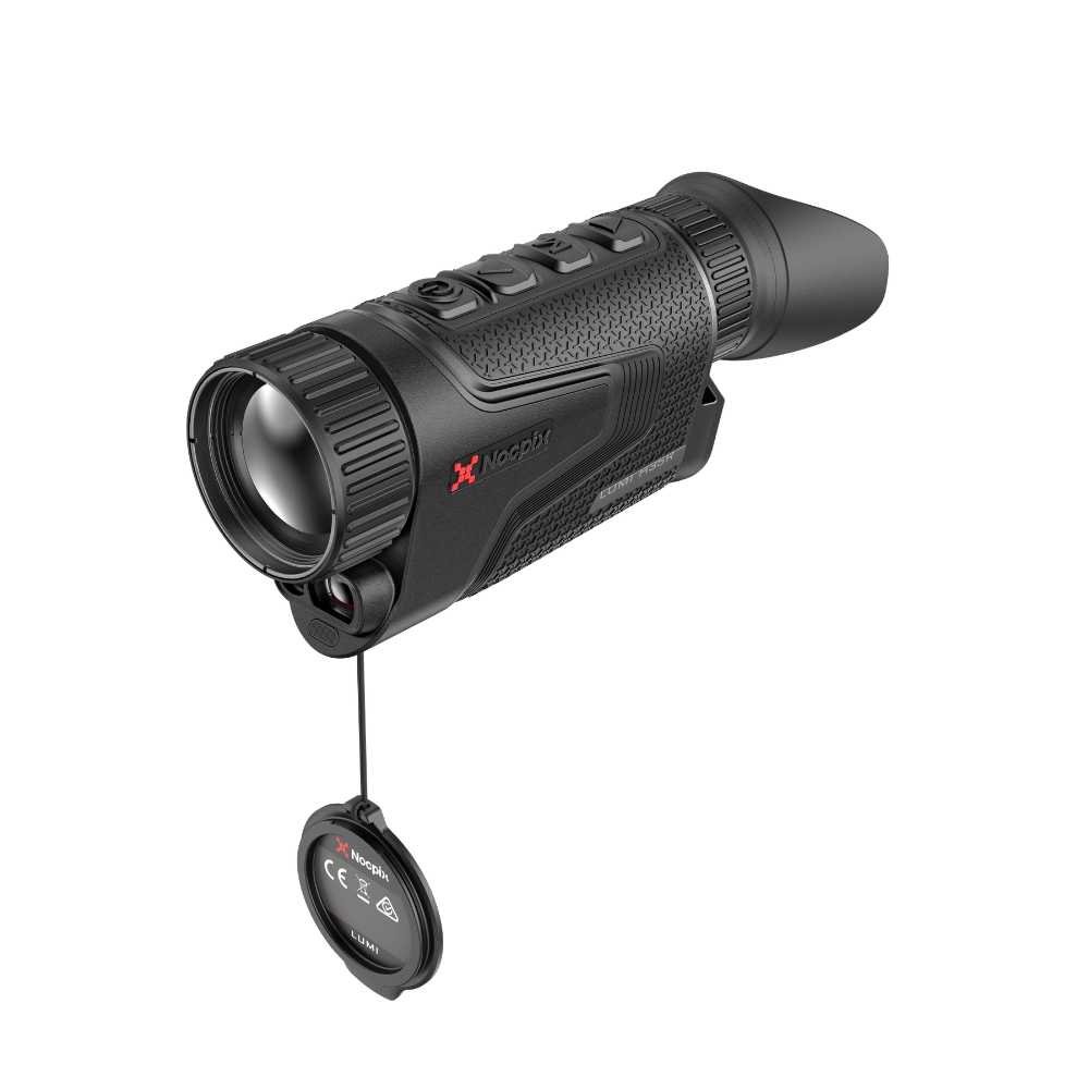 A black thermal imaging scope with a red Nocpix logo, featuring a hanging protective cap.