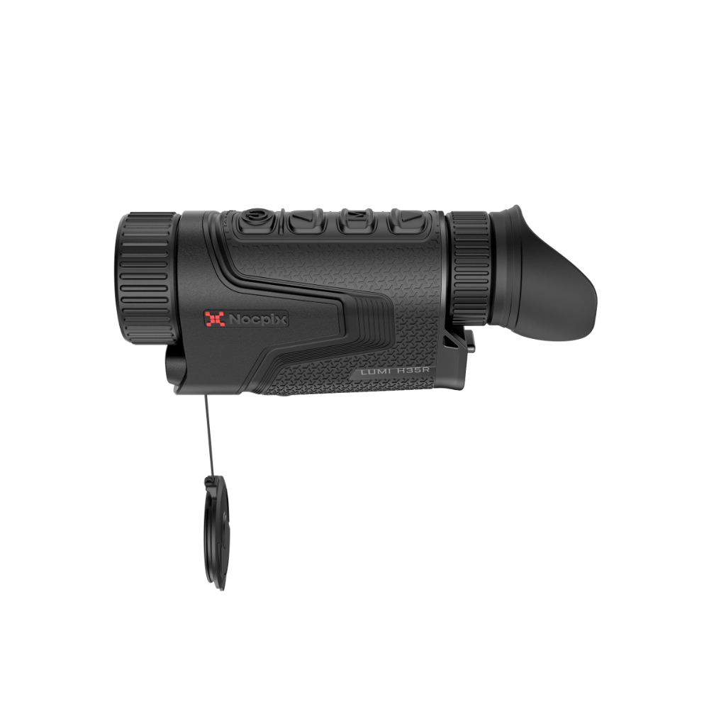 A black Nocpix thermal rifle scope with a matching black lens cap hanging from a short cord.