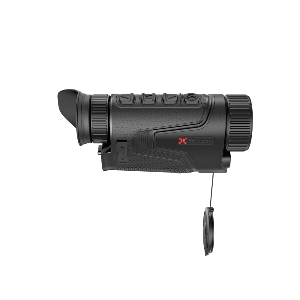 A black thermal rifle scope monocular with a red Nocpix logo on the side, shown with its protective lens cap hanging below.