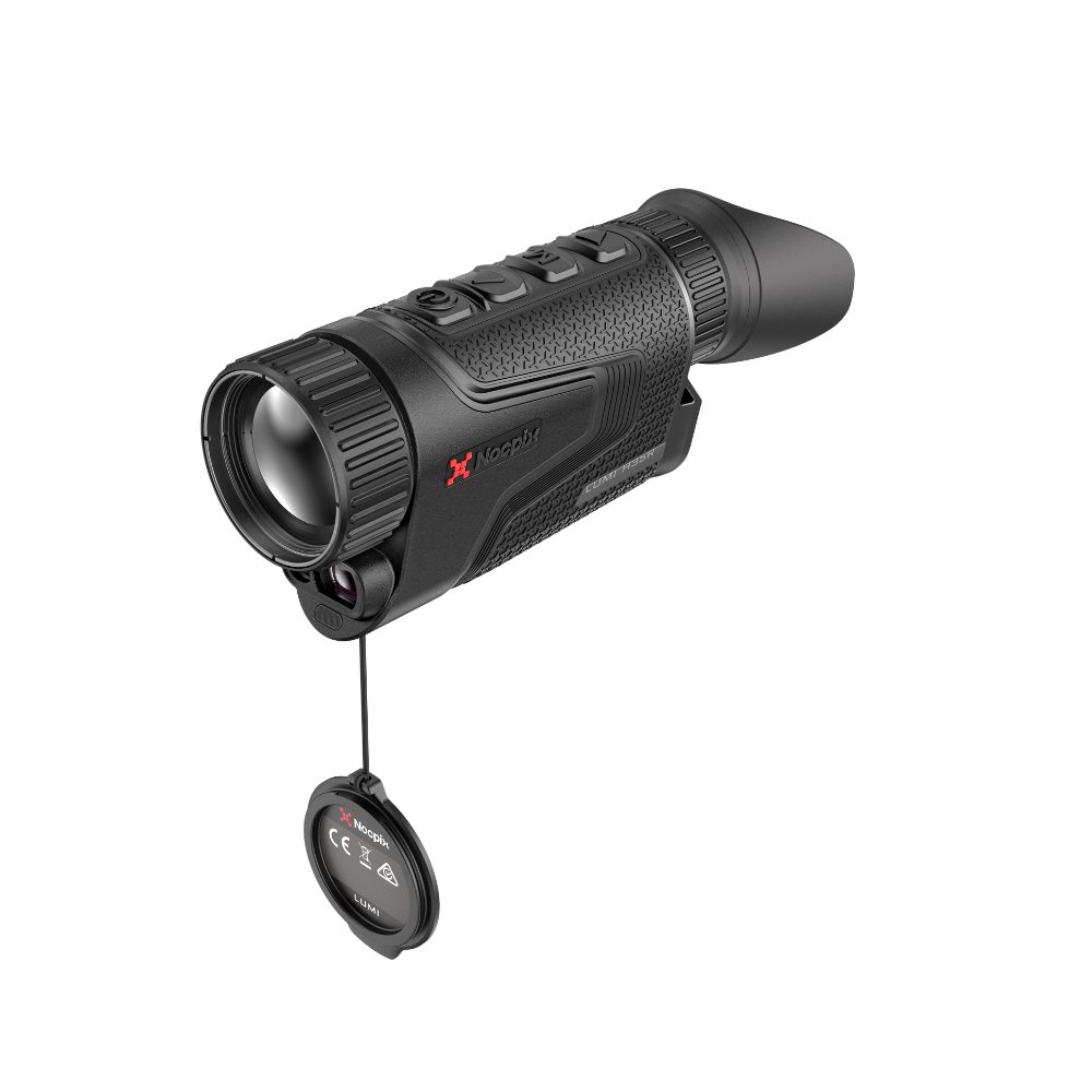 A black thermal monocular with a textured grip, red logo, and a hanging protective cap.