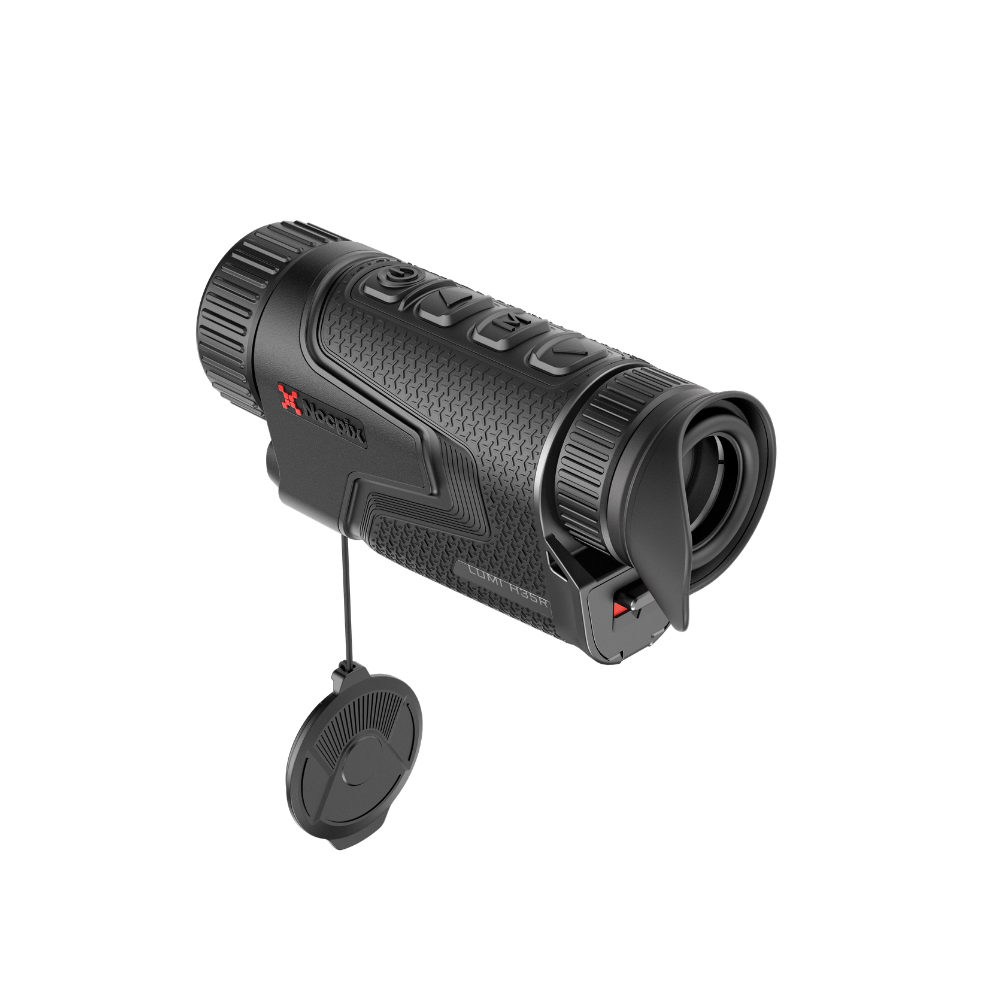 A black Nocpix monocular scope with a matching black lens cap hanging from a short cord.