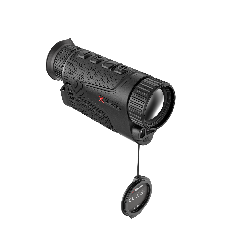 A black thermal monocular rifle scope with a red Nocpix logo, shown with its protective cap hanging from a cord.