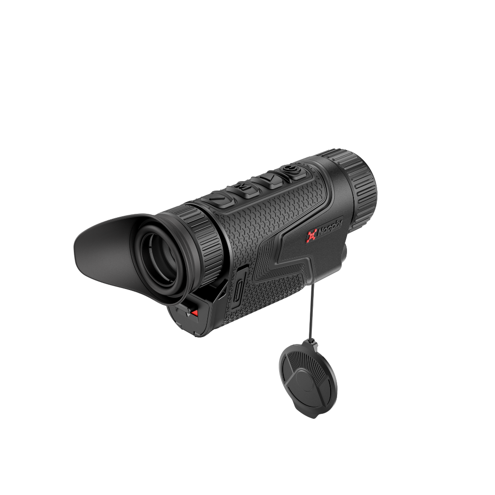 A black thermal monocular with a textured grip, adjustable eyepiece, and a hanging black protective cap.