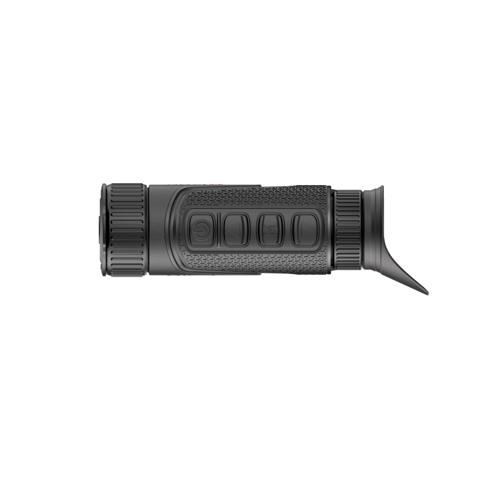 A black tactical monocular or scope with a textured grip and angled eyepiece, shown horizontally.
