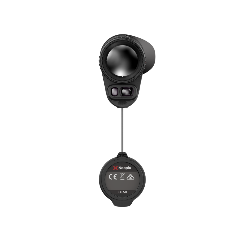 A black Noopix Lumi Monoculair, front profile with lens cap.