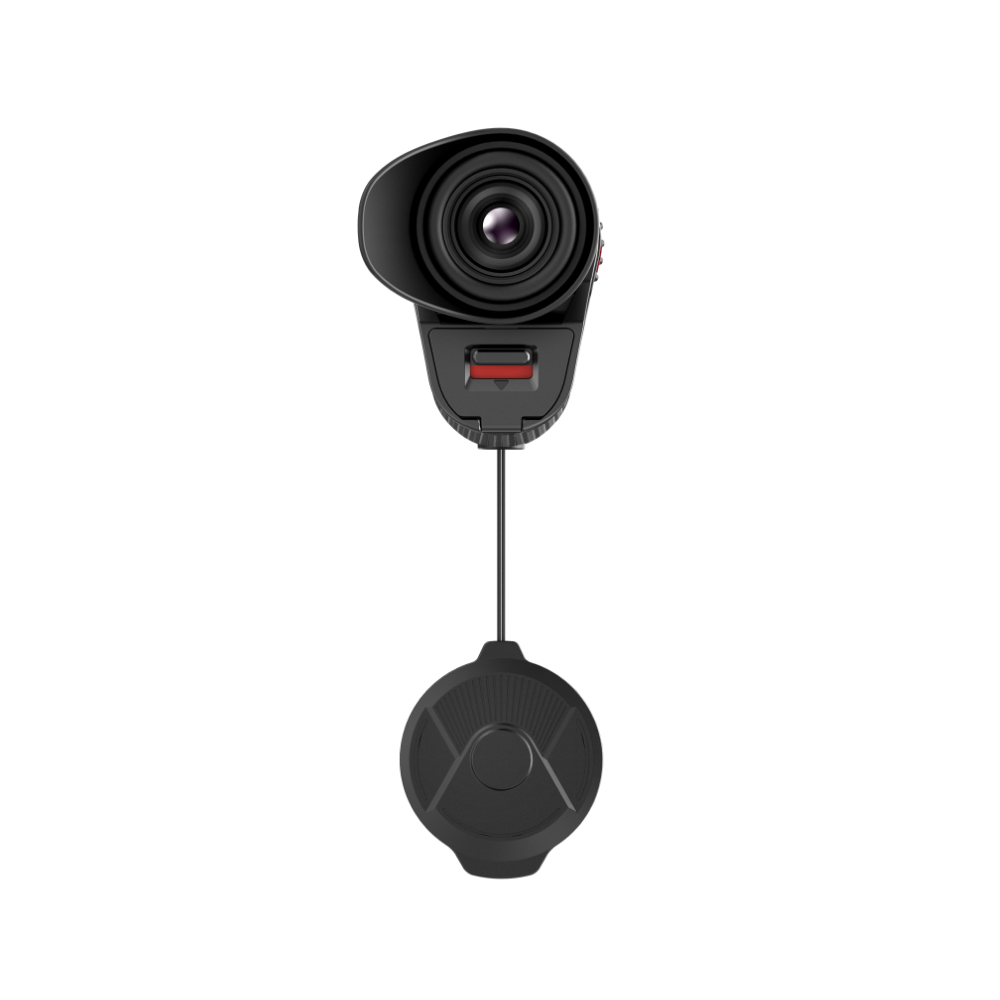 A black Noopix Lumi Monoculair, front profile with lens cap.