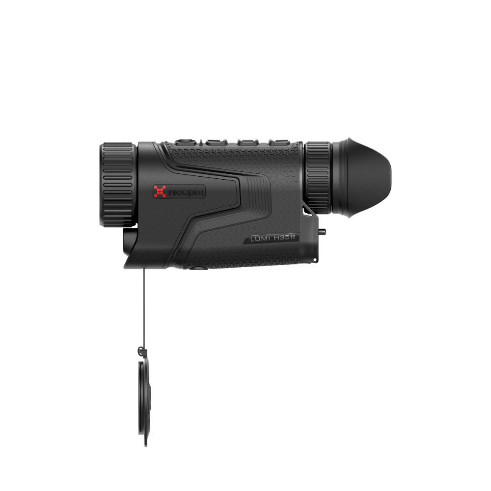 A black Nocpix Lumi thermal monocular rifle scope with a red logo on the side, shown from a side profile. A protective lens cap hangs from a thin cord below the scope.
