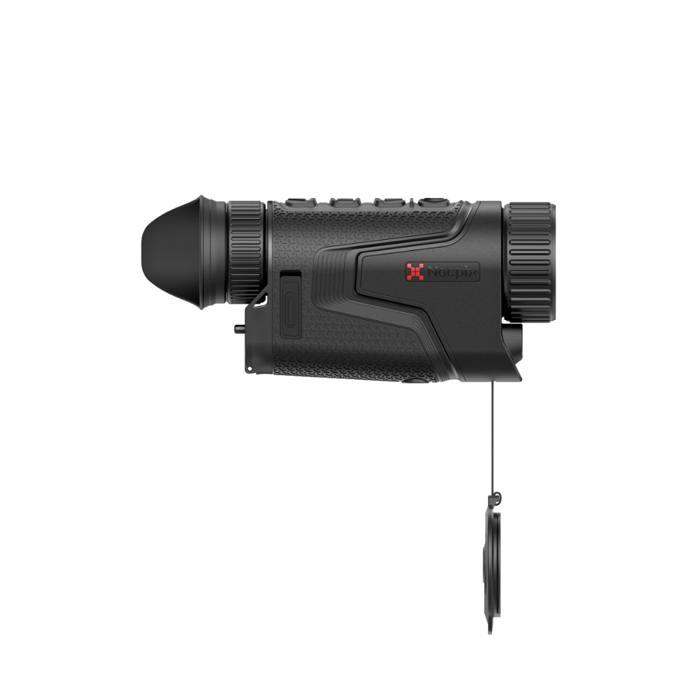 A black thermal monocular rifle scope with a red and black Nocpix logo on the side, shown from the left with a lens cap hanging below.
