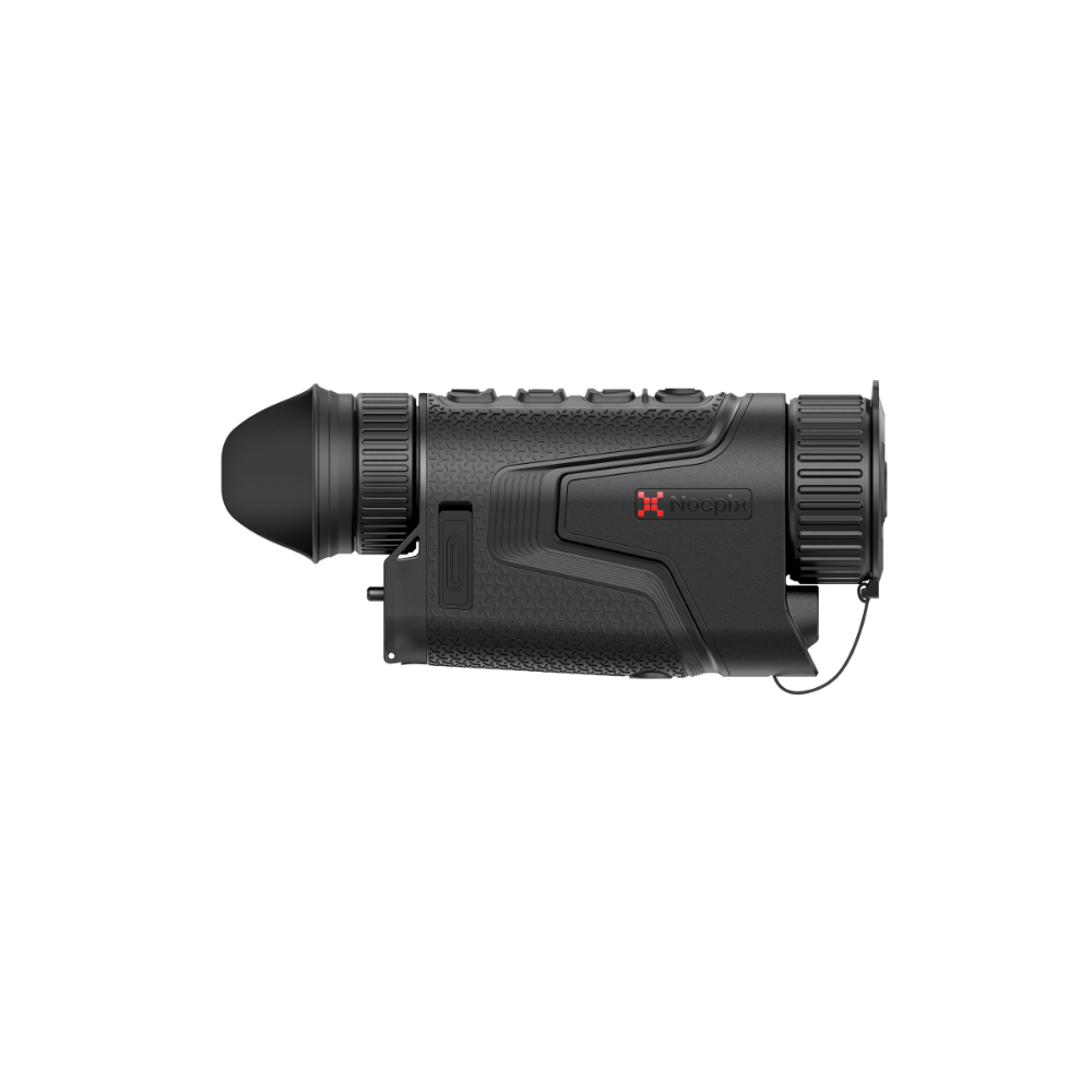 A black thermal imaging rifle scope monocular with a red Nocpix logo, shown from a side profile.