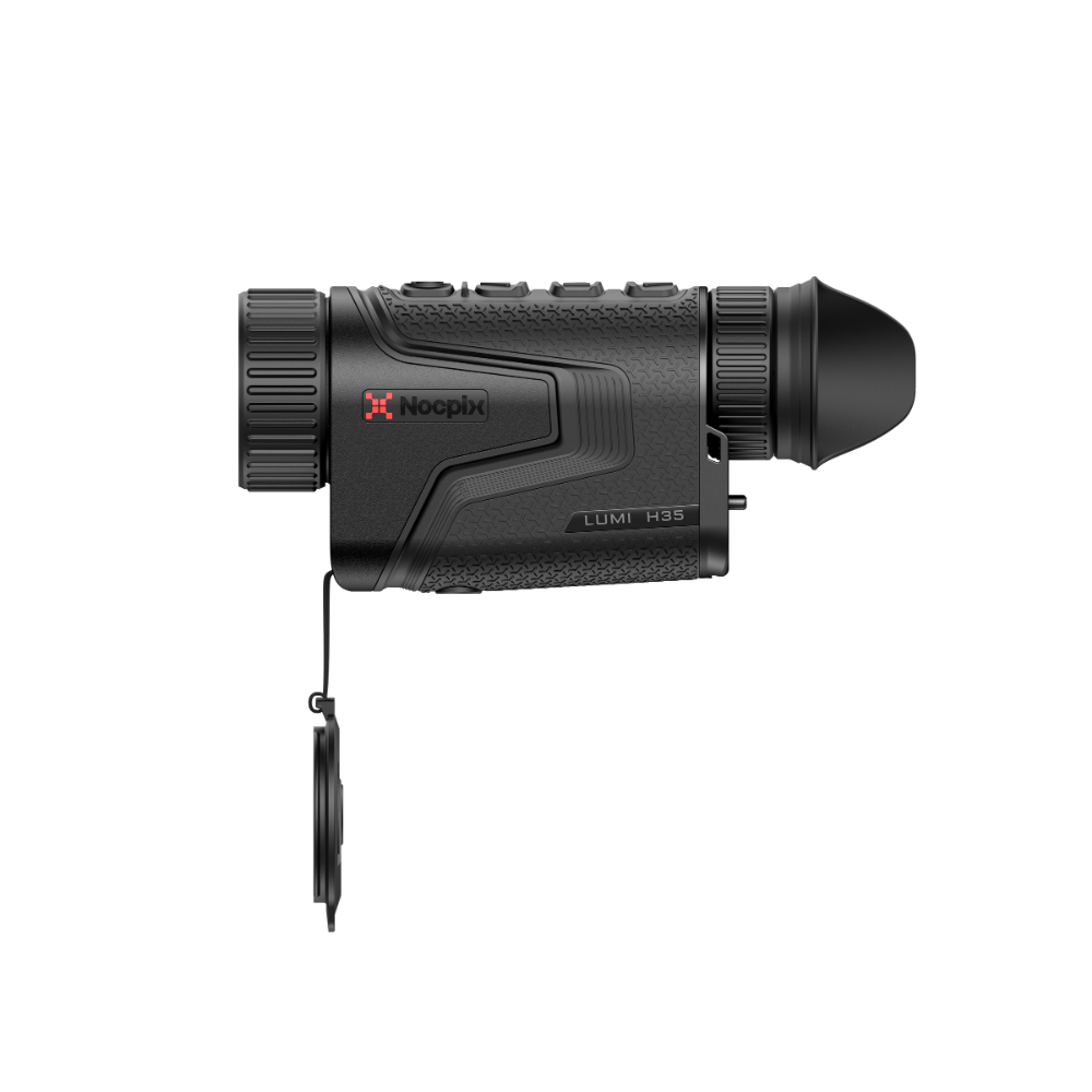 A black Nocpix thermal monocular rifle scope with a matching black lens cap hanging from a short loop.