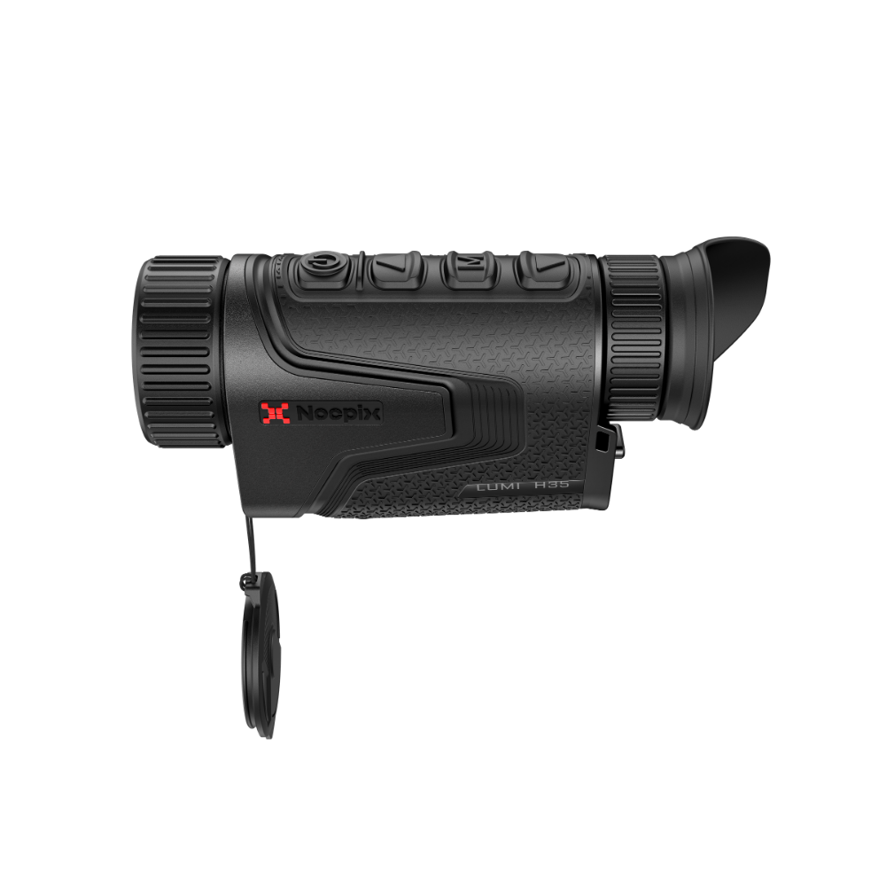 A black Nocpix Lumi H35 thermal monocular rifle scope with a matching black protective lens cap hanging from its side.