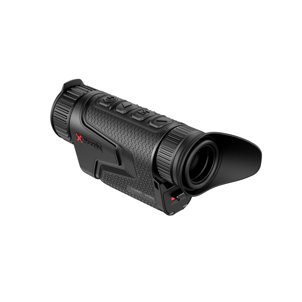 A black Nocpix thermal monocular rifle scope with a textured grip, control buttons on top, and an attached black lens hood.