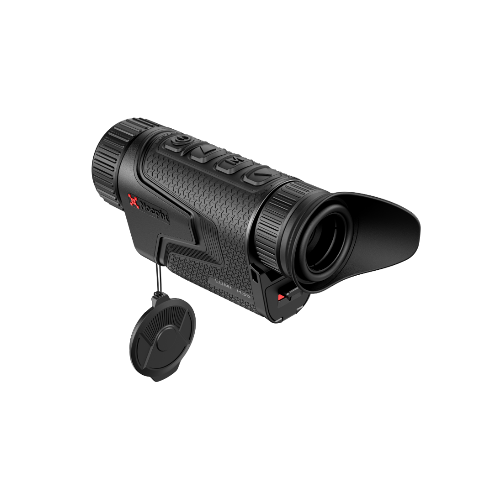 A black Nocpix monocular scope with a matching black lens cap hanging from a short cord.