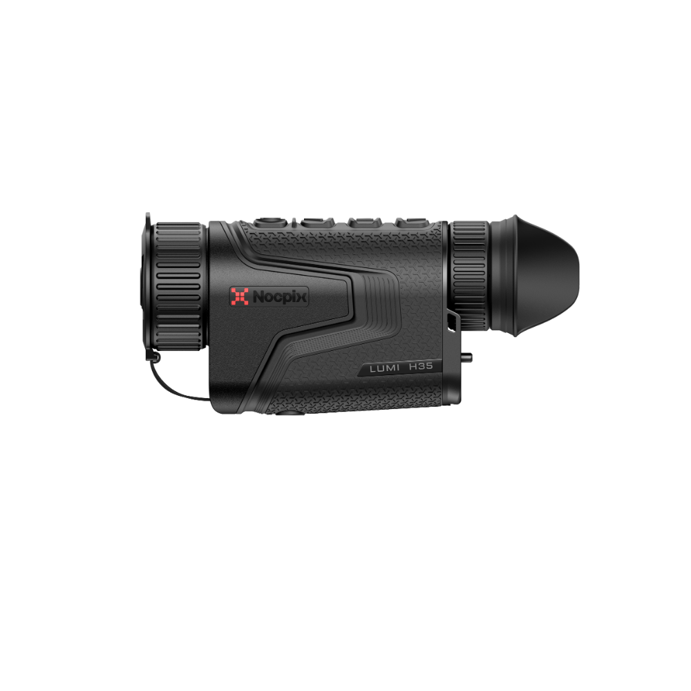 A black Nocpix thermal monocular camera shown from a side profile view.