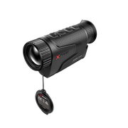 A black Nocpix thermal monocular rifle scope, shown with its protective lens cap hanging below
