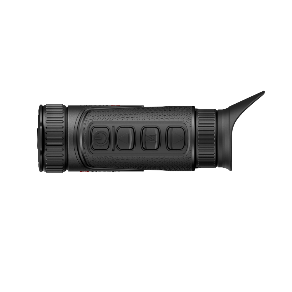 A black thermal rifle scope with a textured grip top view