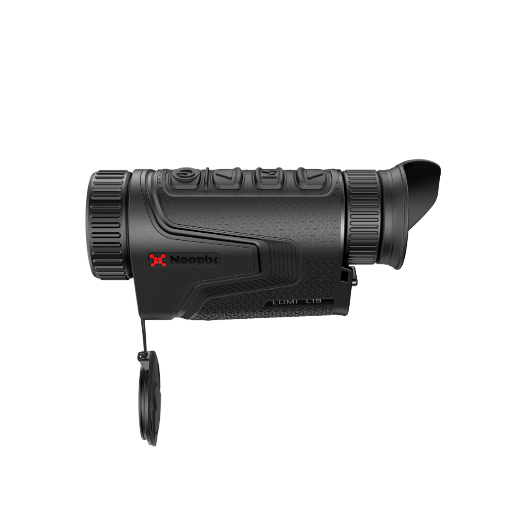 A black thermal rifle scope with a textured grip and lens cap