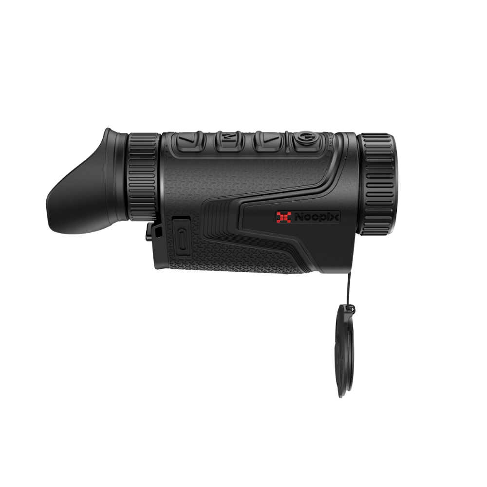A black thermal rifle scope with a textured grip and lens cap