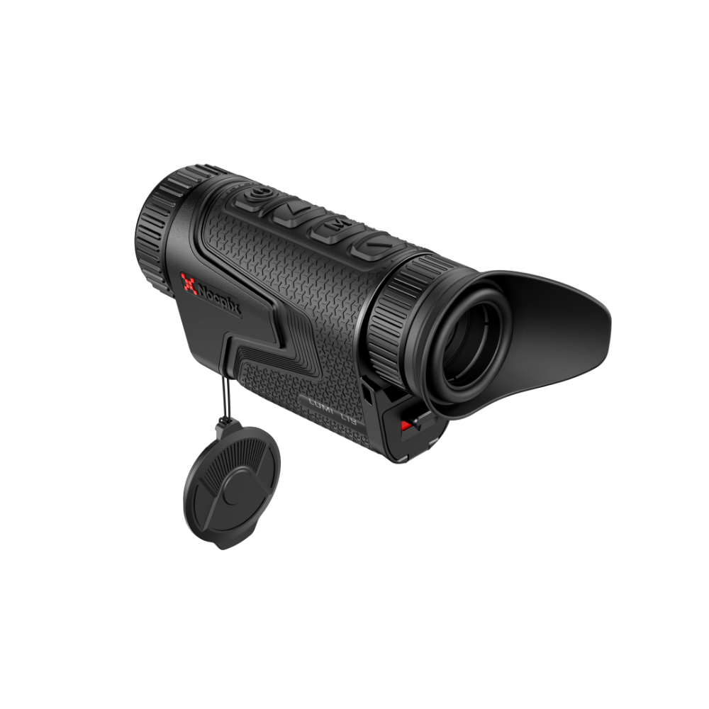 A black thermal rifle scope with a textured grip and lens cap