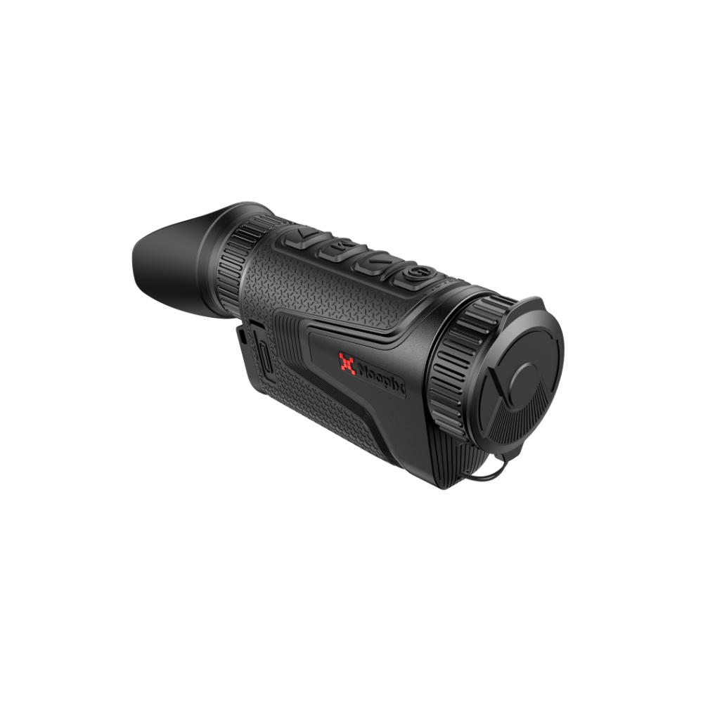 A black thermal rifle scope with a textured grip and lens cap on