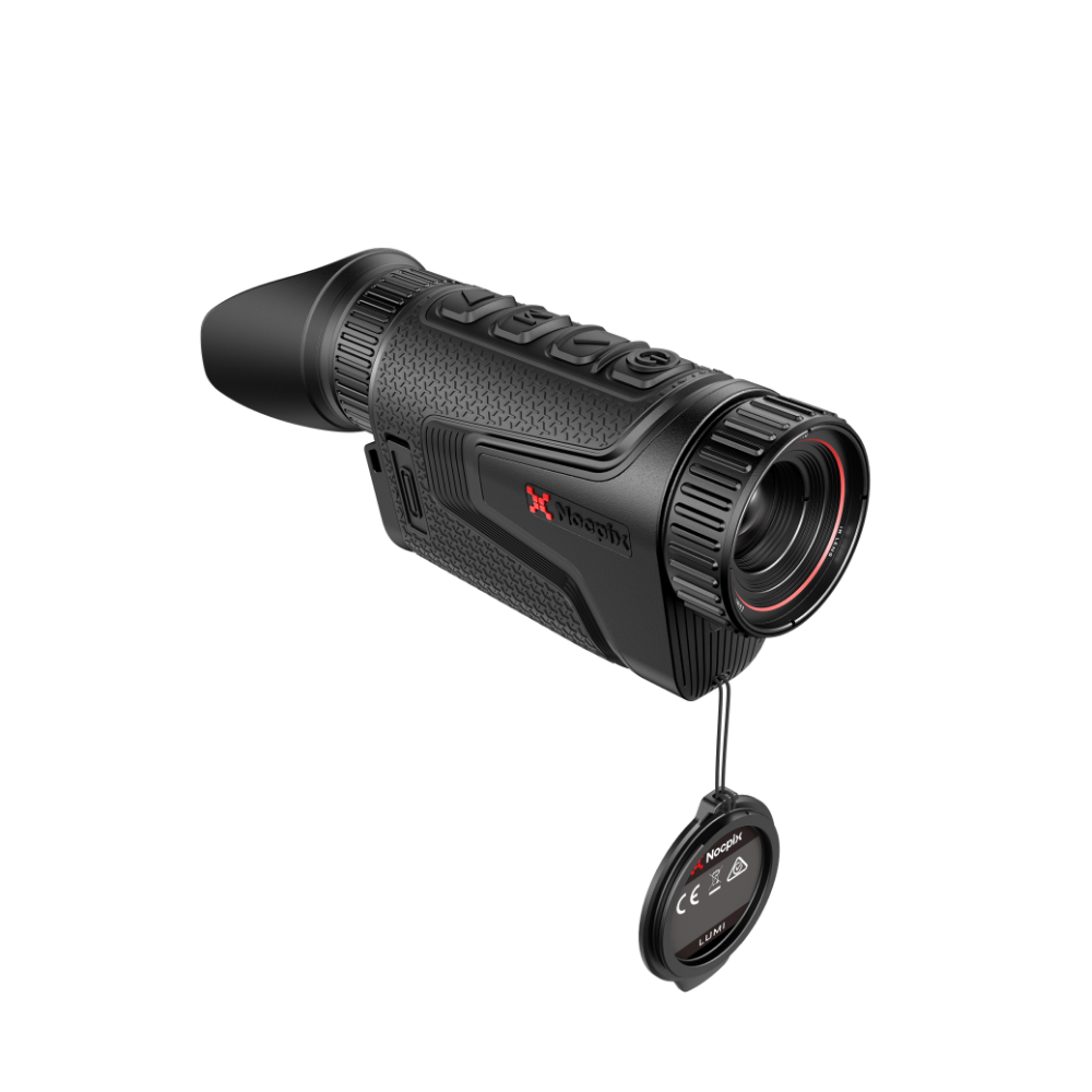 A black thermal rifle scope with a textured grip and lens cap