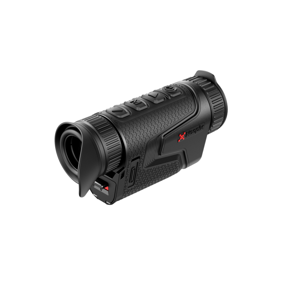 A black thermal rifle scope with a textured grip, rubberized lens cover, and a small red Nocpix logo