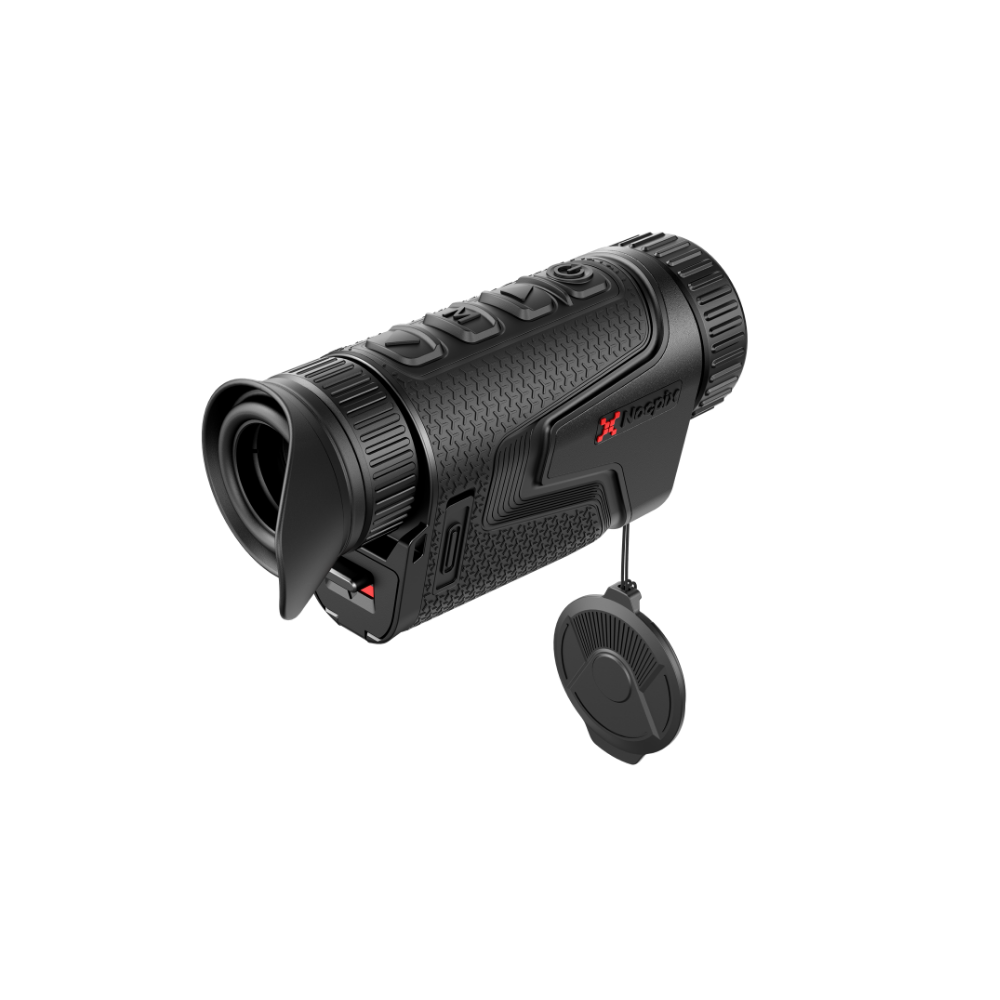 A black thermal rifle scope with a textured grip and lens cap