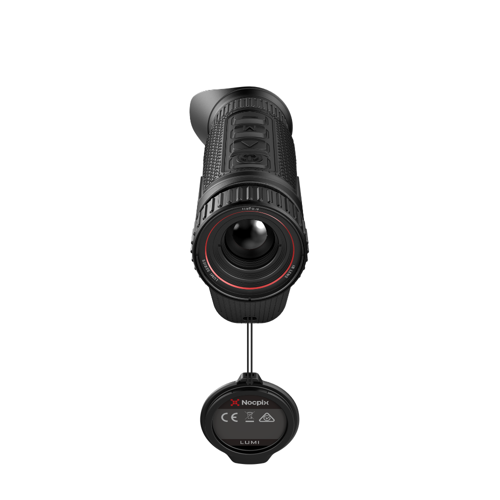 A black thermal rifle scope with a textured grip and lens cap