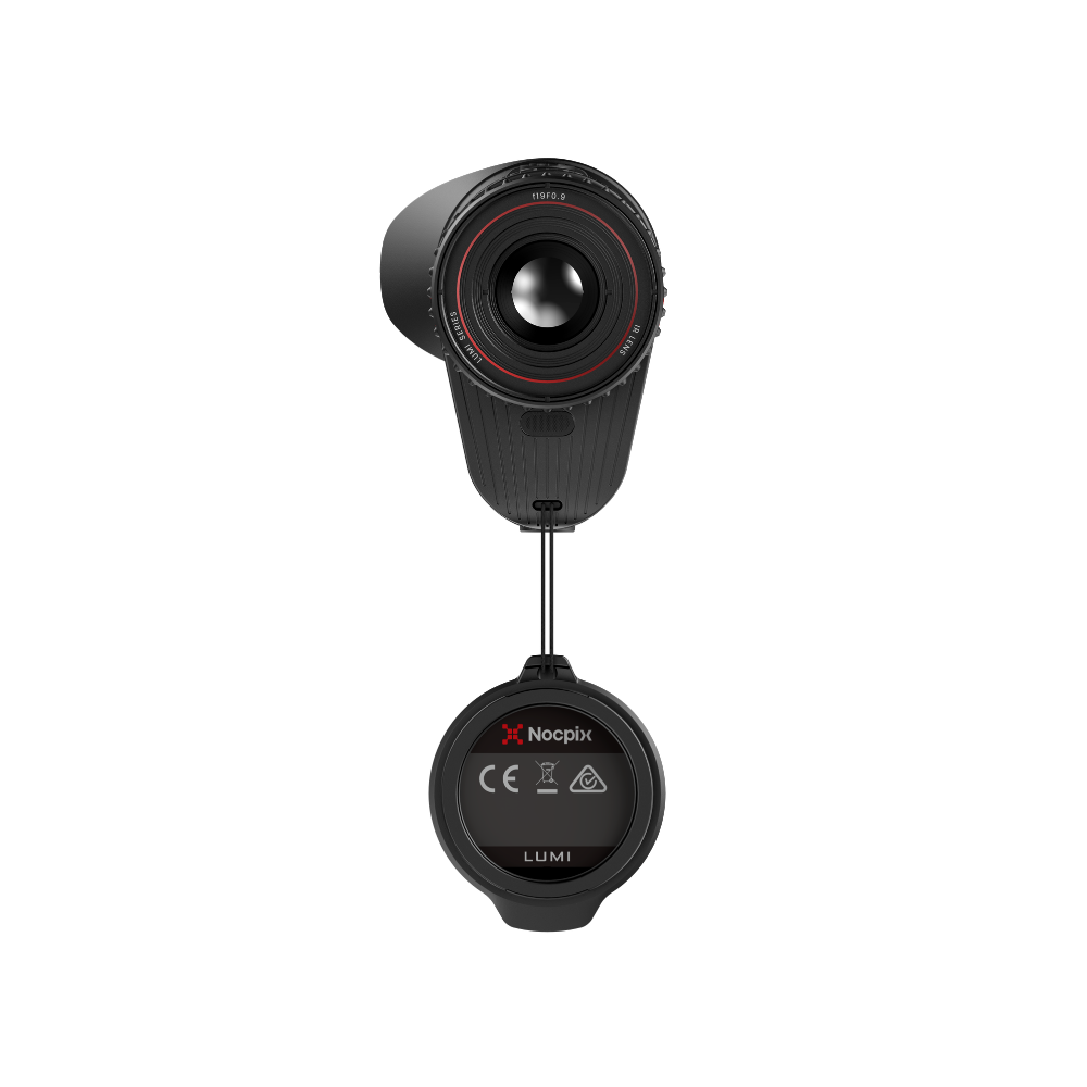 A black optical fiber camera module with a lens-like top section and a circular lens cap. The lens cap shows the Nocpix brand and LUMI text.