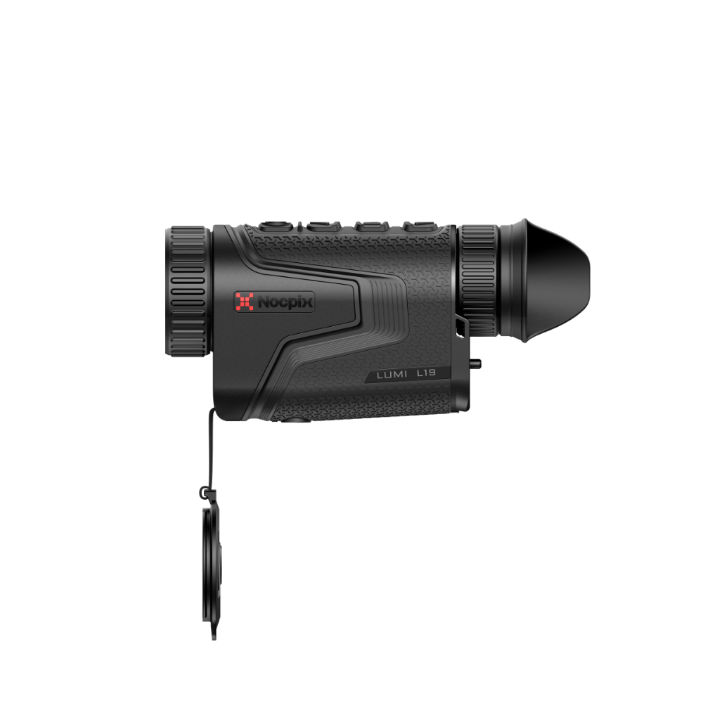 A black thermal rifle scope with a textured grip and lens cap
