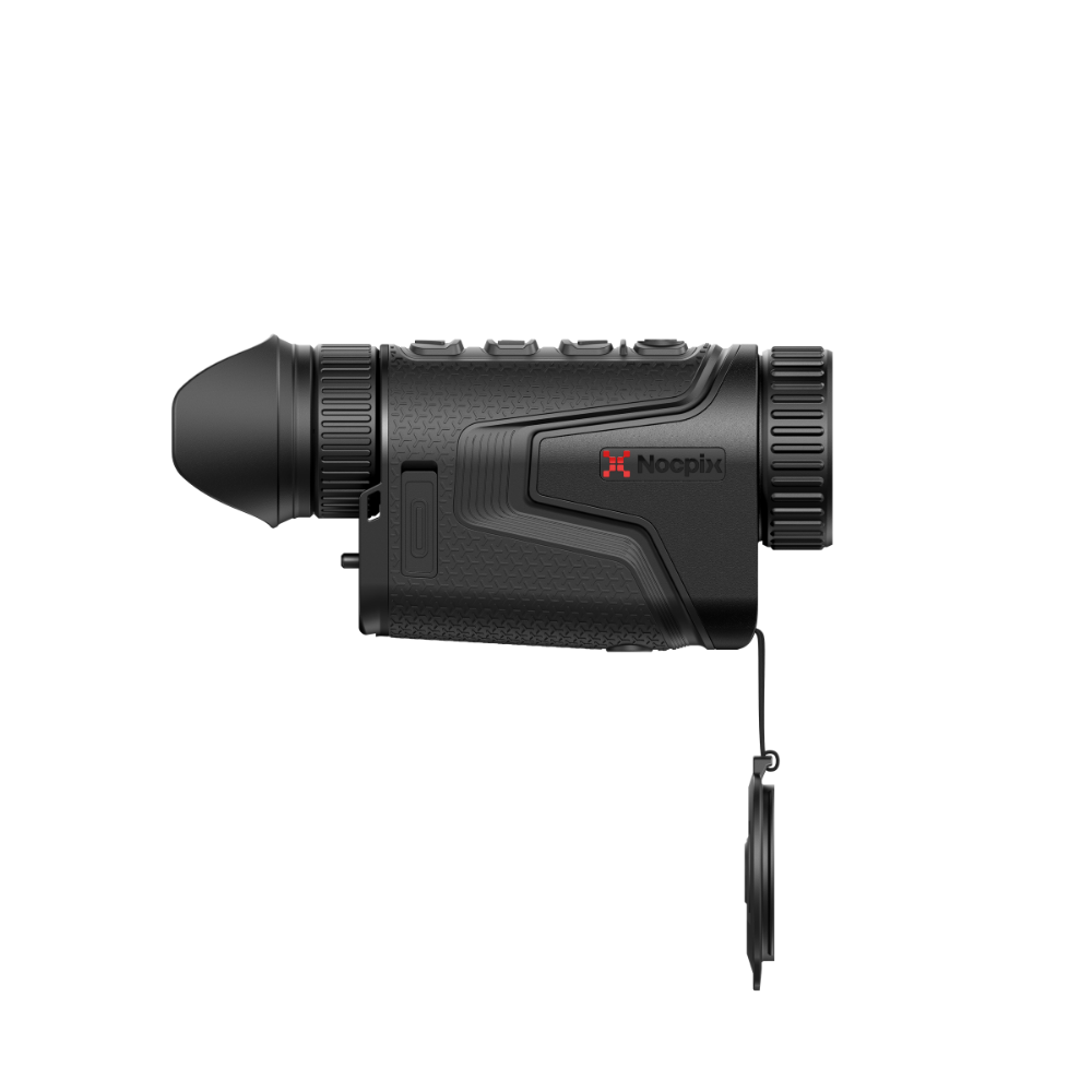 A black thermal rifle scope with a textured grip and lens cap