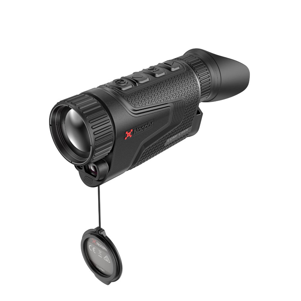 A black thermal monocular camera with a textured grip, a large front lens, and a small Nocpix logo, shown with its protective cap.