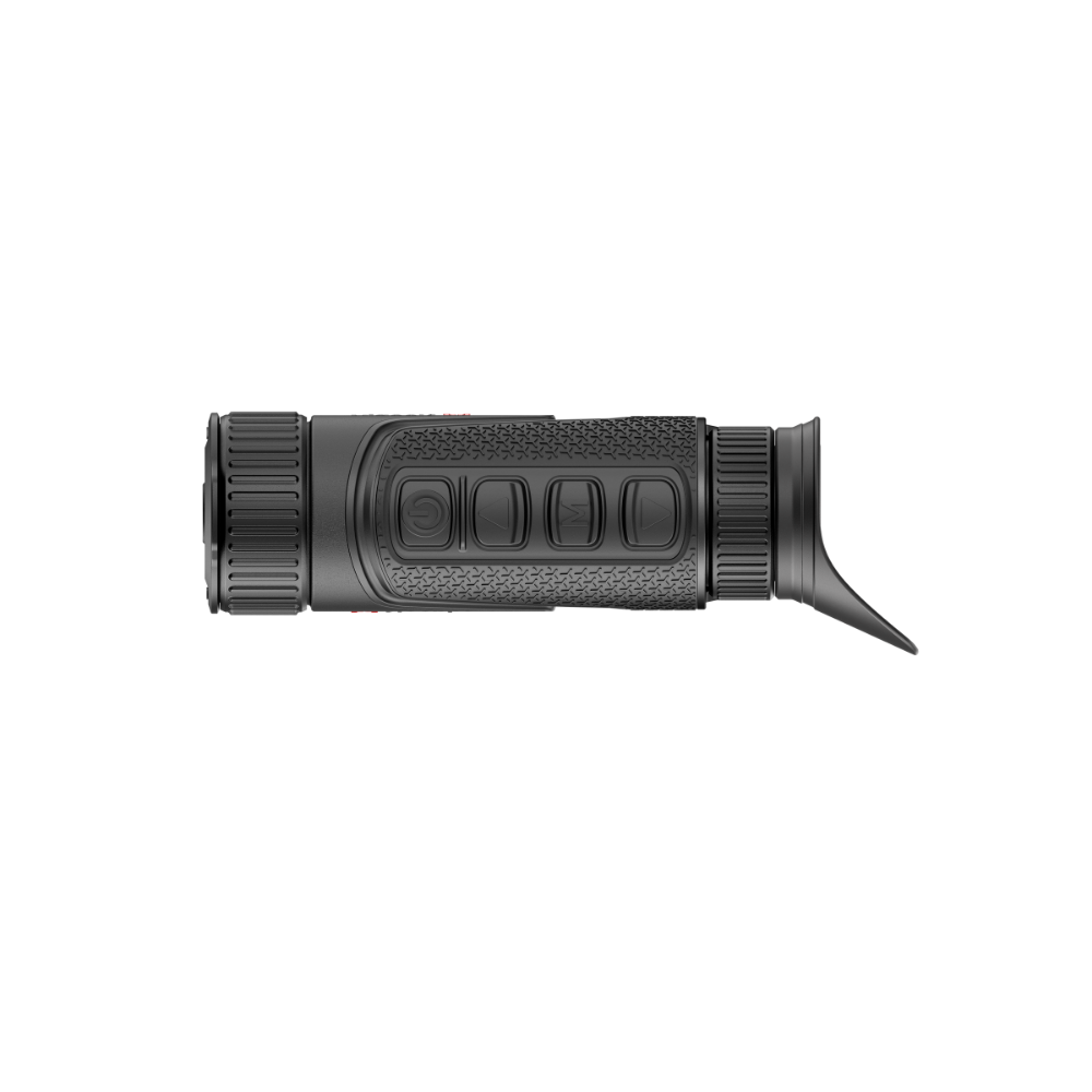 A black thermal monocular scope with a textured grip and side buttons, shown horizontally.