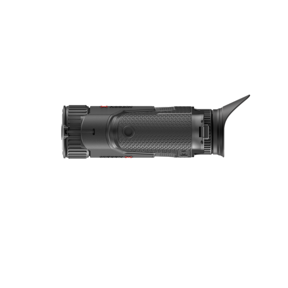 A black tactical monocular or rifle sight with a textured grip and angled eyepiece, shown from a side profile.