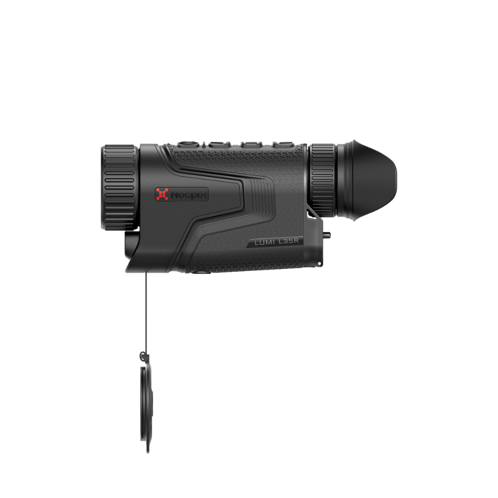 A black Nocpix Lumi thermal monocular rifle scope, shown from a side profile. A protective lens cap hangs from a thin cord below the scope.