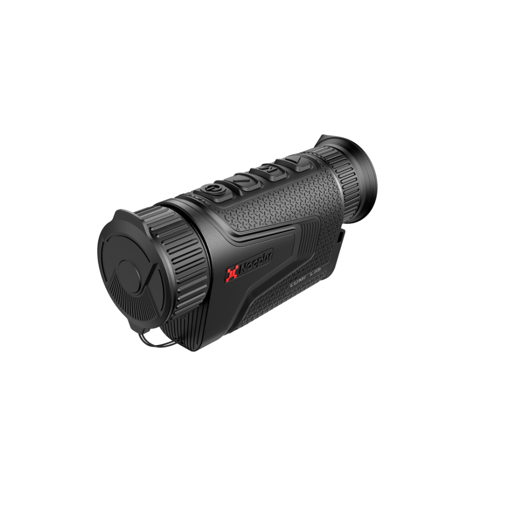 A black thermal imaging rifle scope with a textured grip, ribbed controls