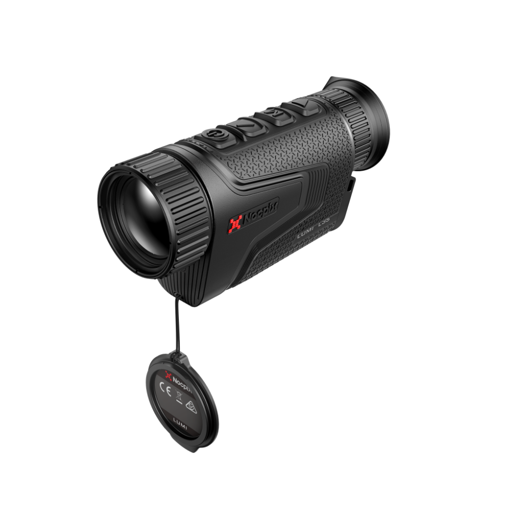A thermal monocular rifle scope with its protective cap hanging from a lanyard