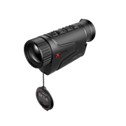 A thermal monocular rifle scope with its protective cap hanging from a lanyard