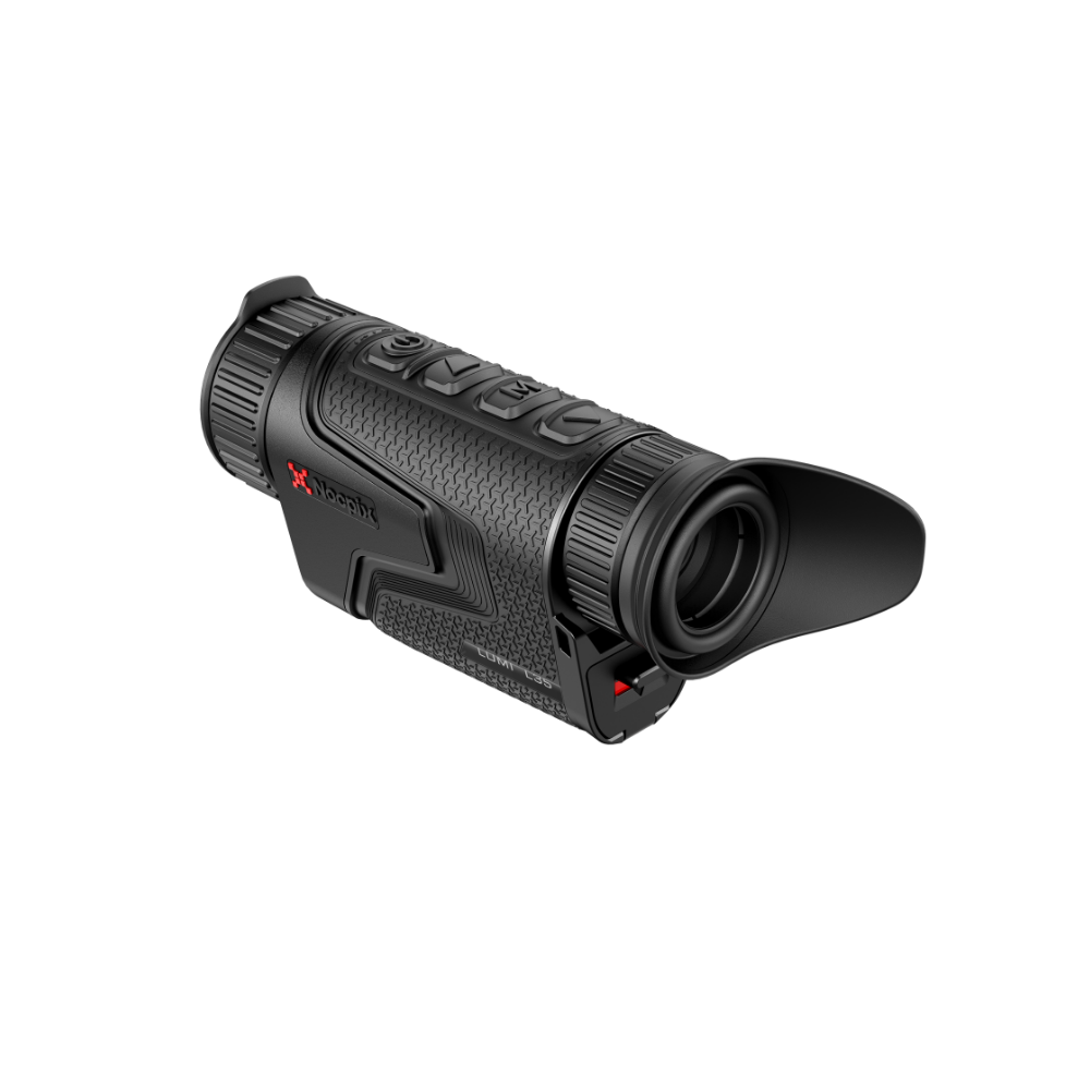 A black monocular scope with a matching black rubber eye cover, shown at a three-quarter angle.