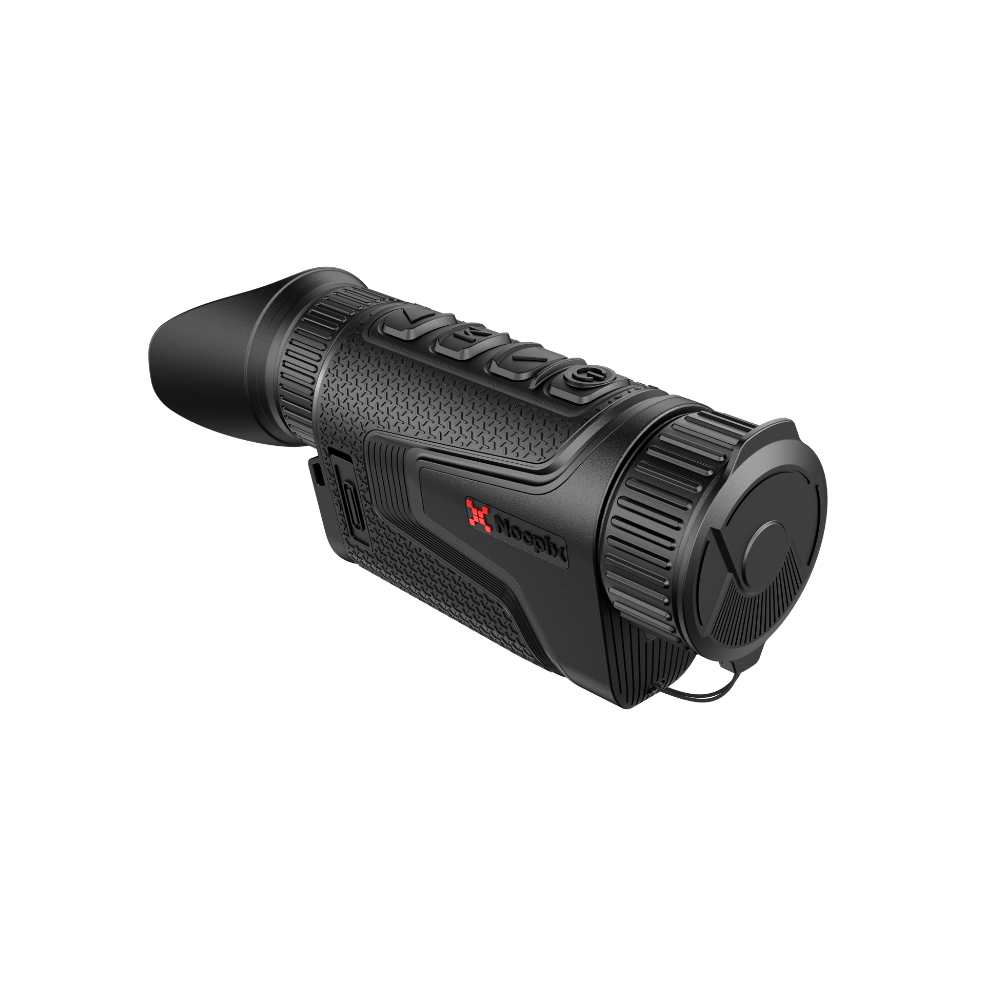 A black thermal imaging scope or monocular device with a textured grip, side buttons.