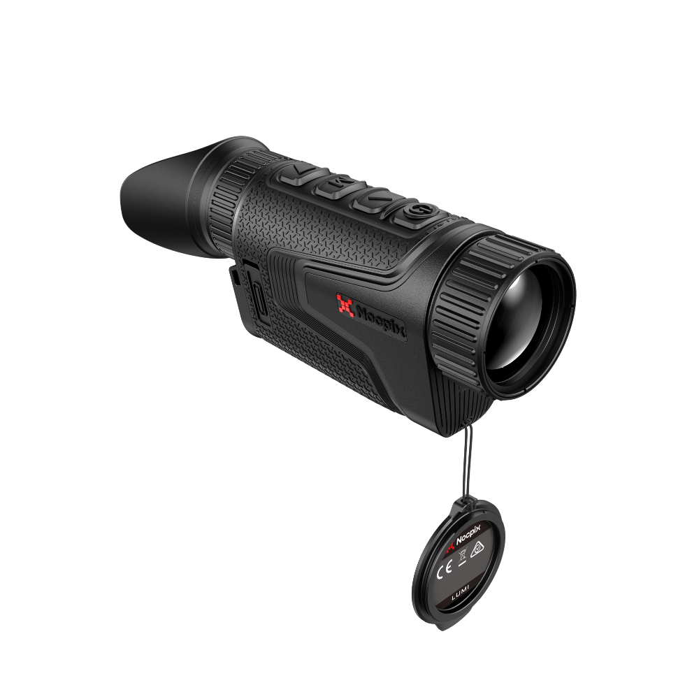 Black thermal monocular scope with a hanging protective cap.