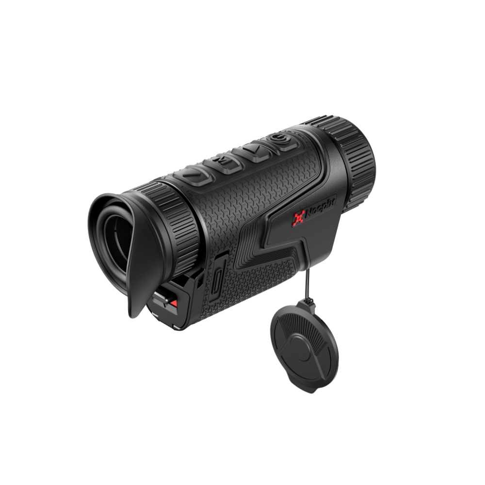 A black thermal monocular rifle scope with a matching protective lens cap hanging from a short cord