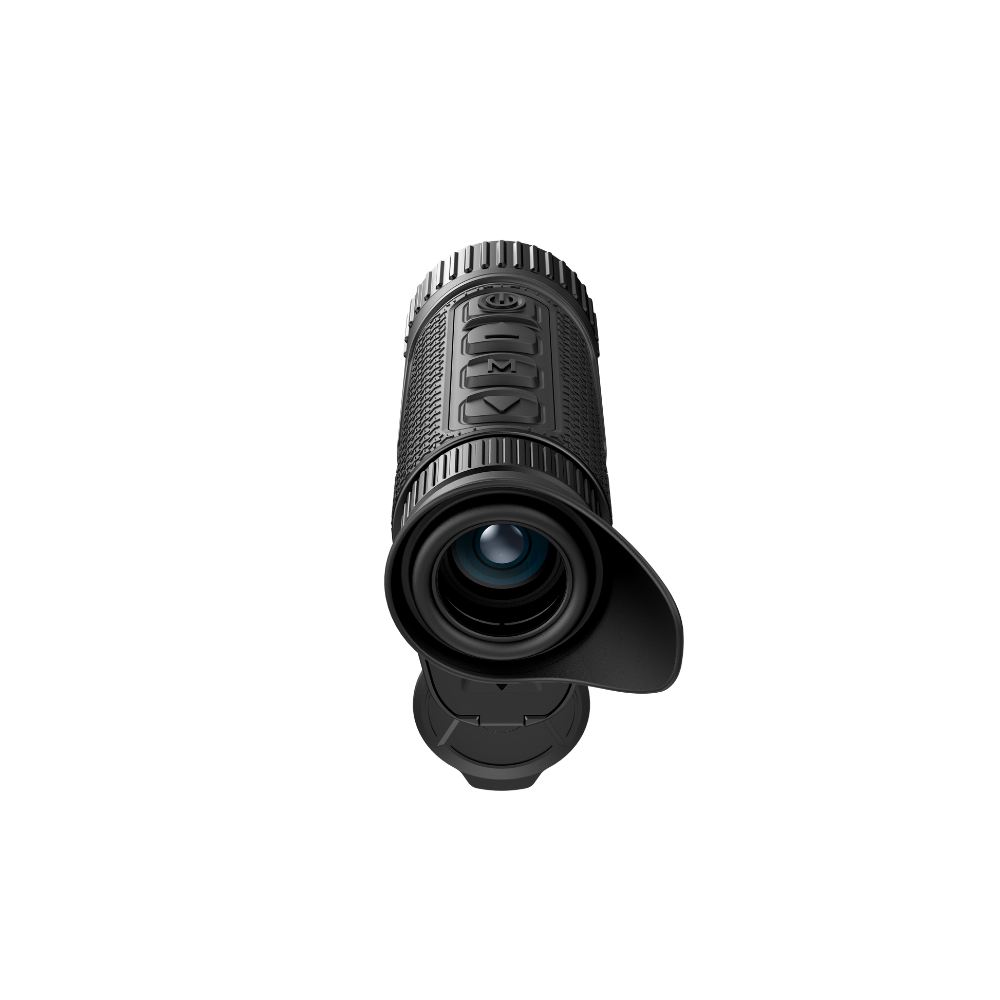 A black monocular scope with a textured grip and a front lens hood.