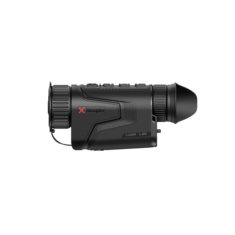A black Nocpix LUMI L35 thermal monocular rifle scope shown from a side profile view