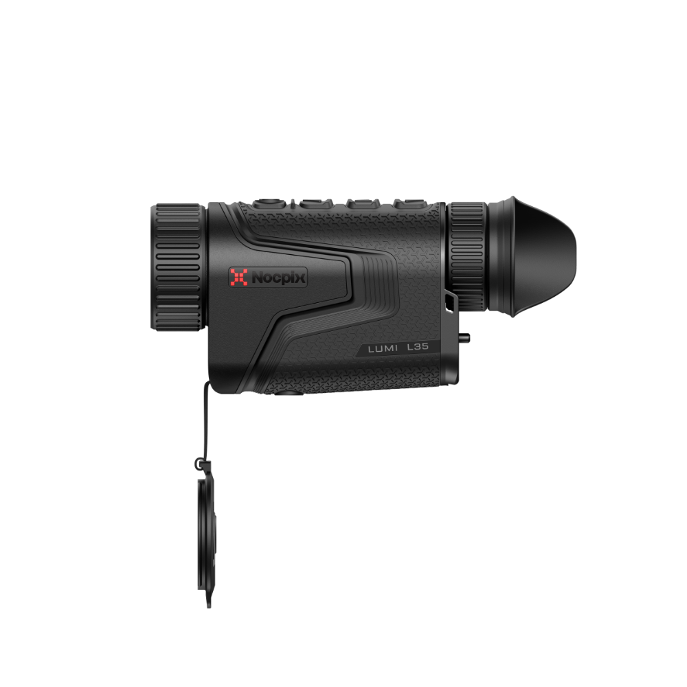 A black Nocpix LUMI L35 thermal monocular rifle scope with a lens cap attached, shown from a side profile view.