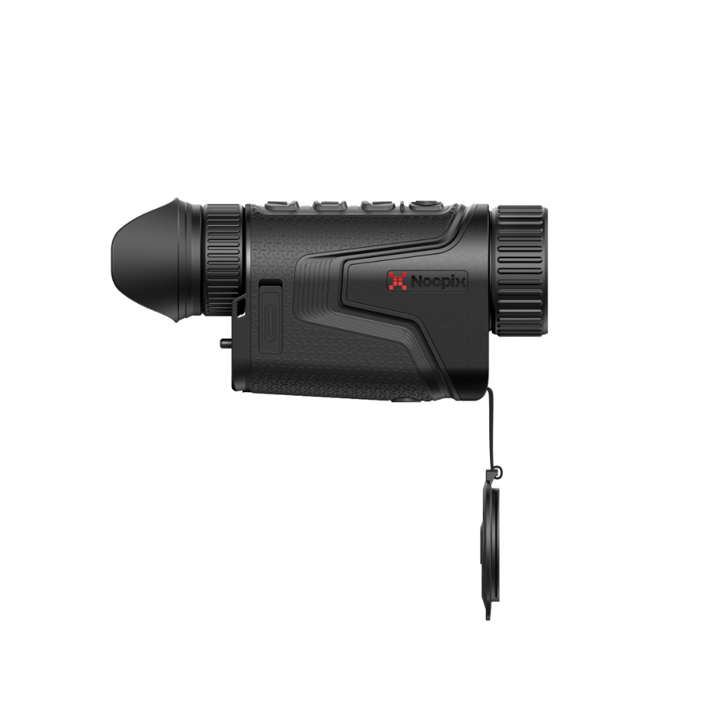 A black Nocpix thermal imaging rifle scope with a red logo, shown from a side profile view with its lens cap hanging below