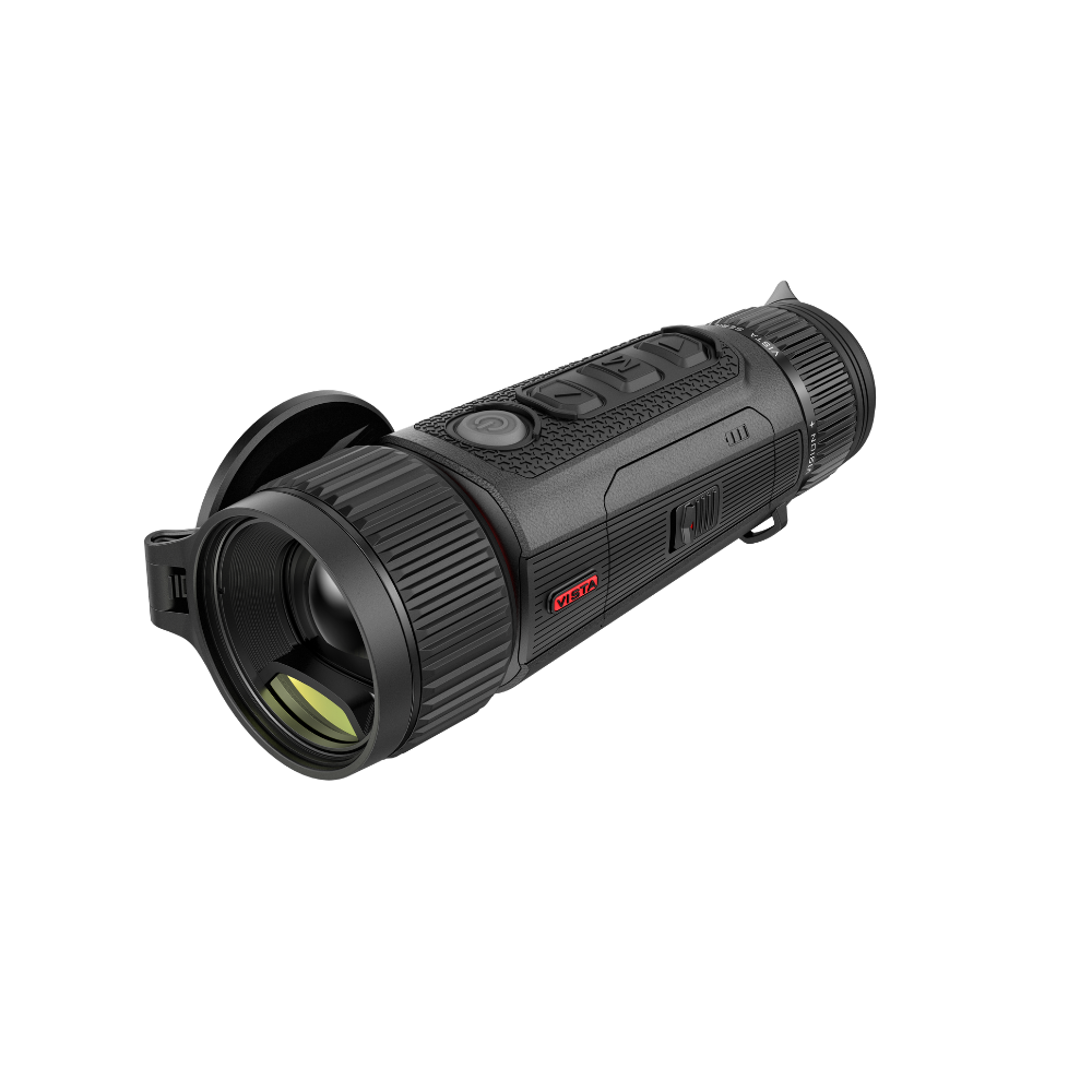 A black thermal monocular with a matching protective lens hood, featuring a textured grip, side buttons, and a small red 'VISTA' logo.